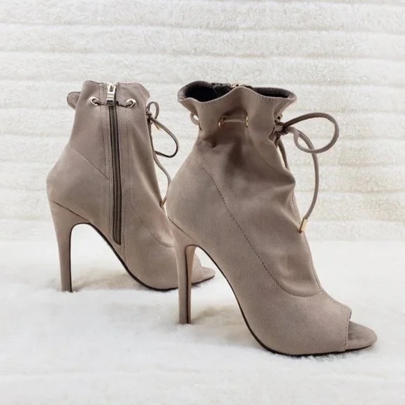 Glister Taupe Drawstring Open Toe 4" Ankle Boots - Picture 3 of 6